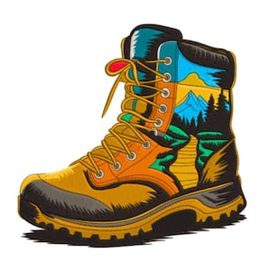 Könnte beinhalten: Ein illustrierter Wanderschuh mit einem Berglandschaftsdesign. Der Schuh ist hauptsächlich gelb und orange, mit einer schwarzen Sohle und blauen, grünen und roten Akzenten. Die Schnürsenkel sind gelb.