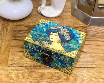 Joyero de estilo Art Nouveau, objeto decorativo para guardar recuerdos, caja para baratijas con retrato de geisha