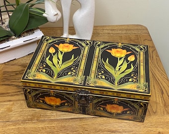 Caja de madera decorada a mano, tulipán art nouveau, almacenamiento de recuerdos