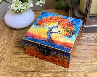 Caja de recuerdos con mosaico del Árbol de la Vida, joyero decorativo de madera, caja de baratijas única
