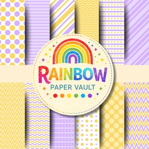 May include: A collection of digital paper patterns featuring yellow and light purple polka dots, stripes, and chevron designs. A central circular label displays a colorful rainbow graphic above the text RAINBOW PAPER VAULT in a bold font.