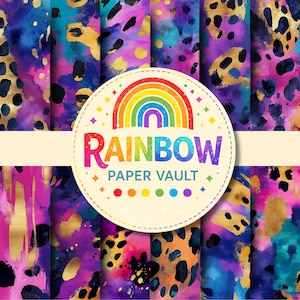May include: A collection of digital paper patterns with vibrant watercolor designs. The patterns feature abstract shapes, gold accents, and leopard print spots in shades of blue, purple, pink, and orange. The image includes a circular logo with a rainbow and the text "RAINBOW PAPER VAULT."
