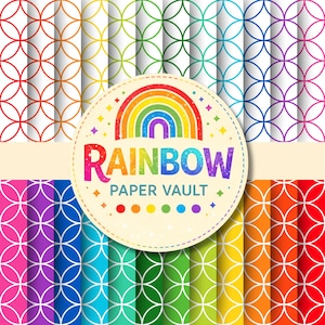 May include: A collection of colorful patterned papers in a rainbow of hues, including red, orange, yellow, green, blue, and purple. The papers feature a repeating geometric design of overlapping circles. A circular logo with a rainbow and the text "RAINBOW PAPER VAULT" is in the center.