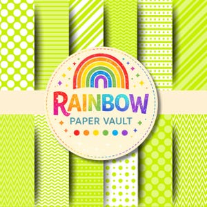 May include: A collection of lime green digital papers featuring various patterns including white polka dots, horizontal stripes, diagonal lines, and zigzags. A central circular label displays a rainbow graphic and the text RAINBOW PAPER VAULT.