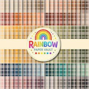 Könnte beinhalten: Eine Sammlung digitaler Papierbögen mit verschiedenen Karomustern in einem breiten Farbspektrum. Ein kreisförmiges Logo in der Mitte zeigt ein Regenbogensymbol und den Text RAINBOW PAPER VAULT mit kleinen Sternakzenten als Verzierung.