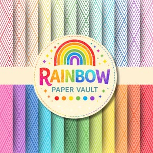 Könnte beinhalten: Eine Sammlung vertikaler Papierstreifen mit einem sich wiederholenden Fischgrätenmuster in verschiedenen Farben, überlagert von einem runden Etikett, das eine Regenbogen-Grafik und den Text RAINBOW PAPER VAULT in bunten Buchstaben zeigt.