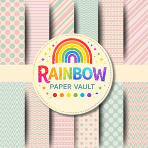 May include: A collection of patterned papers in pastel colors, including pink, mint green, and peach. The patterns include polka dots, stripes, and zigzags. A circular logo with a rainbow and the text "RAINBOW PAPER VAULT" is centered on the image.