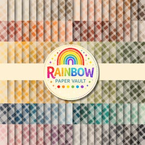 Könnte beinhalten: Eine Sammlung digitaler Papiermuster mit einer Vielzahl von diagonalen Karomustern in verschiedenen Farben. Ein kreisförmiges Etikett in der Mitte zeigt ein Regenbogensymbol über dem Text RAINBOW PAPER VAULT mit kleinen Punkten.