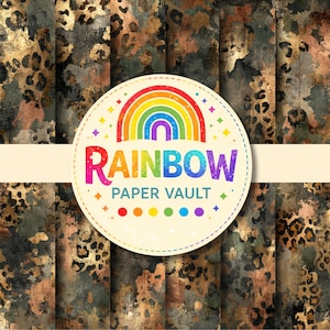 May include: A collection of patterned paper sheets with a distressed leopard print design in shades of gold, brown, and gray. The image features a circular logo with a rainbow and the text "RAINBOW PAPER VAULT".