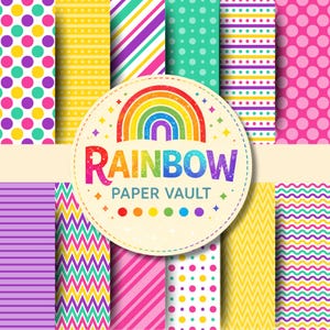 May include: A collection of colorful patterned papers with a rainbow design. The papers feature various patterns, including polka dots, stripes, and zigzags, in shades of pink, yellow, green, purple, and blue. The text "RAINBOW PAPER VAULT" is displayed on a circular emblem.