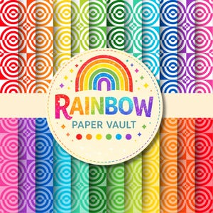 May include: A collection of colorful patterned papers with a rainbow theme. The papers feature concentric circles in various colors, including red, orange, yellow, green, blue, and purple. The central design includes a rainbow and the text "RAINBOW PAPER VAULT".