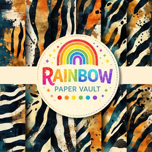 May include: A collection of digital paper sheets featuring a repeating tiger stripe pattern in shades of black, orange, and cream. A circular logo in the centre displays a rainbow icon above the text RAINBOW PAPER VAULT with six coloured dots.