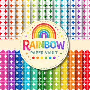May include: A collection of colorful digital paper patterns in a rainbow theme. The patterns include various geometric designs in red, orange, yellow, green, blue, purple, and pink. A circular logo with a rainbow and the text "RAINBOW PAPER VAULT" is in the center.