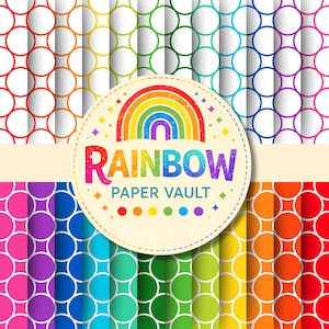 May include: A collection of colorful digital papers with a rainbow theme. The papers feature a repeating pattern of white circles outlined in various colors, including red, orange, yellow, green, blue, and purple. The image also includes a circular logo with a rainbow and the text "RAINBOW PAPER VAULT."