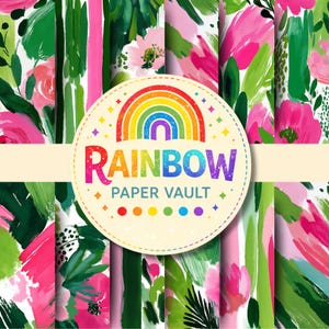 20 Tropical Pink & Green Digital Papers – Bold Floral Brush Stroke Patterns – Seamless Summer Pattern Bundle – Instant Download
