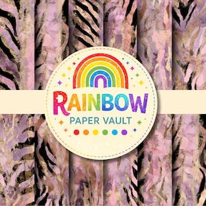 May include: A collection of digital paper patterns with a watercolor effect. The designs feature a blend of pink, gold, and black zebra stripes and abstract textures. A circular logo with a rainbow and the text "RAINBOW PAPER VAULT" is in the foreground.