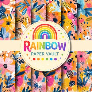 Puede incluir: Una colección de papeles digitales florales coloridos con un diseño abstracto vibrante. Los papeles presentan flores rosas, azules, amarillas y naranjas con una variedad de formas y texturas. Un logotipo circular con un arcoíris y el texto "RAINBOW PAPER VAULT" está en el centro.