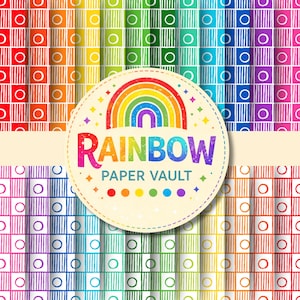 Könnte beinhalten: Eine Sammlung farbenfroher Papiere mit Regenbogenmuster. Die Papiere zeigen ein Rasterdesign mit Quadraten, Kreisen und vertikalen Linien in verschiedenen Farben. Ein kreisförmiges Logo mit einem Regenbogen und dem Text "RAINBOW PAPER VAULT" befindet sich in der Mitte.