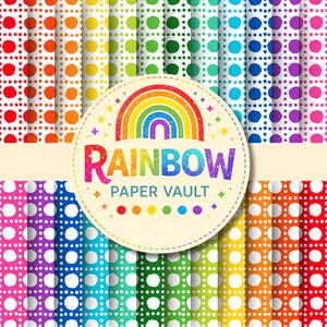 May include: A collection of colorful patterned papers with a rainbow theme. The papers feature polka dots in various colors, including red, orange, yellow, green, blue, and purple. A circular logo with a rainbow and the text "RAINBOW PAPER VAULT" is in the center.
