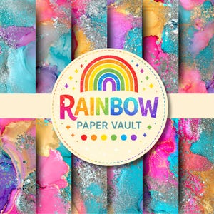 Pode incluir: Uma coleção de papel digital com texturas vibrantes de tinta a álcool em tons de rosa, azul, roxo e dourado com detalhes em glitter prateado. Um rótulo circular central exibe um ícone de arco-íris e o texto RAINBOW PAPER VAULT.
