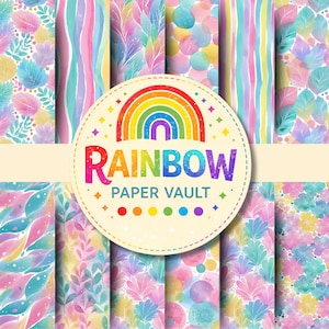 May include: A collection of colorful digital papers with watercolor designs. The papers feature patterns of leaves, circles, and stripes in shades of pink, blue, yellow, and green. A circular logo with a rainbow and the text "RAINBOW PAPER VAULT" is in the center.
