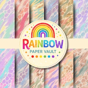 May include: A collection of colorful digital paper patterns with a variety of textures and designs. The patterns include brushstrokes, animal prints, and abstract shapes in pastel colors. A circular logo with a rainbow and the text "RAINBOW PAPER VAULT" is in the center.