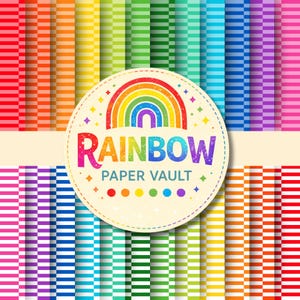 May include: A collection of colorful patterned papers in various rainbow hues. The papers feature a striped design and are arranged around a circular logo with a rainbow and the text "RAINBOW PAPER VAULT".
