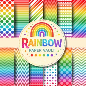 Puede incluir: Una colección de patrones de papel digital con degradados de arcoíris en varios diseños que incluyen lunares, rayas, ondas y chevrones. Una etiqueta circular central muestra un icono de arcoíris y el texto RAINBOW PAPER VAULT.