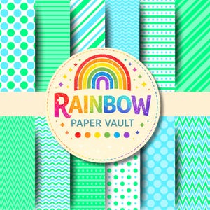 May include: A selection of patterned papers in shades of green and blue, with polka dots, stripes, and zigzags. A circular emblem with a rainbow and the text "RAINBOW PAPER VAULT" is centered on the image, with colourful dots below.