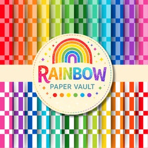 May include: A vibrant image featuring a circular logo with a rainbow and the text "RAINBOW PAPER VAULT." The background showcases a colorful checkerboard pattern in various rainbow hues, including red, orange, yellow, green, blue, and purple.