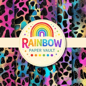 May include: A collection of digital papers with a vibrant animal print design. The papers feature a rainbow of colors, including pink, blue, and gold, with black spots. The Rainbow Paper Vault logo is in the center.