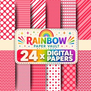 May include: A collection of twenty-four digital papers featuring various pink and white patterns including polka dots, horizontal stripes, diagonal stripes, and zigzags. A central label displays the text Rainbow Paper Vault 24 x Digital Papers.