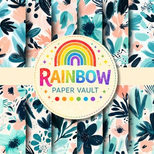 Puede incluir: Una colección de papeles con estampados florales en tonos turquesa, melocotón y azul marino. Los papeles presentan diseños de flores abstractas. Un logotipo circular con un arcoíris y el texto "RAINBOW PAPER VAULT" está en el centro.