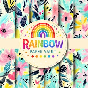 May include: A collection of colorful floral and abstract patterned papers. The designs feature pink, yellow, and blue brushstrokes with black accents. A circular logo with a rainbow and the text "RAINBOW PAPER VAULT" is in the center.