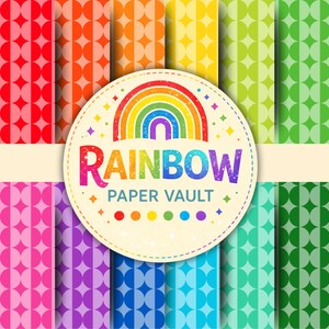 May include: A collection of colorful patterned papers in shades of red, orange, yellow, green, blue, and purple. The papers feature a repeating half-circle design. A circular logo with a rainbow and the text "RAINBOW PAPER VAULT" is in the center.