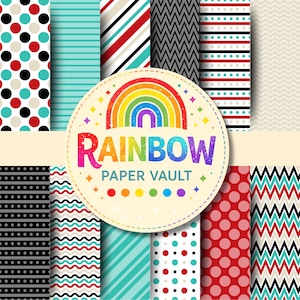 May include: A collection of patterned papers with various designs, including polka dots, stripes, and zigzags. The papers feature colors like red, black, turquoise, and cream. A circular logo with a rainbow and the text "RAINBOW PAPER VAULT" is in the center.