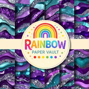 May include: A digital paper collection featuring layered wavy patterns in shades of purple, teal, and silver glitter. A circular logo in the centre displays a rainbow icon above the text RAINBOW PAPER VAULT, surrounded by small stars and dots.