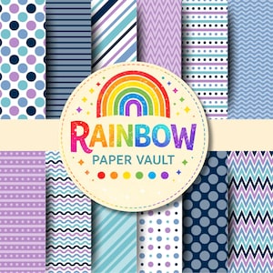 May include: A collection of patterned papers in various shades of blue, purple, and lavender. The designs include polka dots, stripes, chevrons, and wavy lines. A circular logo with a rainbow and the text "RAINBOW PAPER VAULT" is in the center.