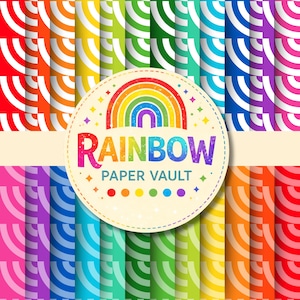 May include: A collection of digital papers featuring a repeating geometric pattern of white concentric arcs on vibrant backgrounds of red, orange, yellow, green, blue, and purple. A central circular label displays a rainbow and the text RAINBOW PAPER VAULT.