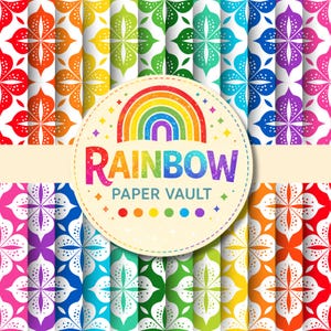 May include: A collection of vertical paper strips featuring a repeating floral-inspired pattern in various rainbow colors. A central circular label displays a rainbow graphic above the text RAINBOW PAPER VAULT with six colored dots below.