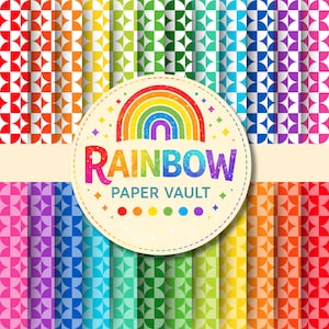 May include: A collection of colorful digital papers with a rainbow theme. The papers feature a repeating pattern of quarter-circle shapes in various colors, including red, orange, yellow, green, blue, and purple. A circular logo with a rainbow and the text "RAINBOW PAPER VAULT" is in the center.