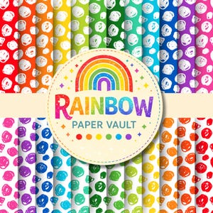 May include: A digital paper collection featuring vertical stripes of various colors, each patterned with white hand-drawn circular scribbles. A central circular label displays a rainbow icon above the text RAINBOW PAPER VAULT.