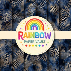 Puede incluir: Patrones de papel digital con estampados de animales en azul marino y dorado. Los patrones incluyen rayas de cebra y manchas de leopardo. Un logotipo circular con un arcoíris y el texto "RAINBOW PAPER VAULT" está centrado en la imagen.