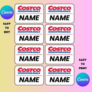 Peut inclure: Huit étiquettes nominatives rectangulaires blanches avec le logo Costco Wholesale en rouge et bleu, et le mot "NAME" en noir. Les mots "Easy to Edit" et "Easy to Print" sont présents, avec des logos Canva.