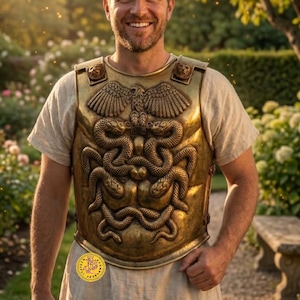 May include: A golden breastplate with intricate serpent and eagle designs. The breastplate is worn over a light-colored tunic. The image is set in a garden with a person wearing the breastplate.