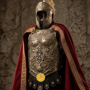 May include: A detailed shot of Emperor's Armor, a historical replica. The armor is metallic with intricate eagle designs, a helmet with a plume, and a red cape with gold trim. The armor is displayed on a stand.