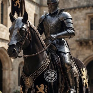 May include: A knight in full dark metal plate armor riding a black horse. The horse wears a black caparison with gold lion embroidery and a circular patch reading MEDIEVAL ADORN. A tall banner with a gold lion emblem is attached to the saddle.