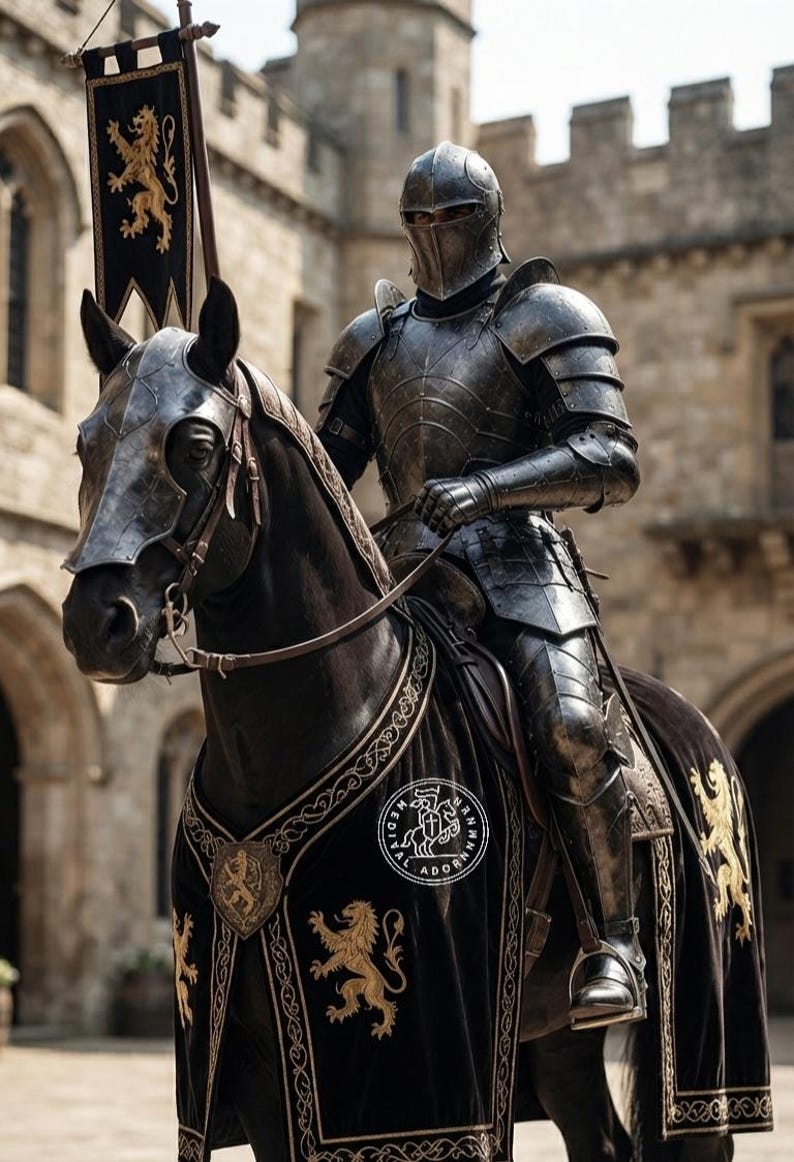 May include: A knight in full dark metal plate armor riding a black horse. The horse wears a black caparison with gold lion embroidery and a circular patch reading MEDIEVAL ADORN. A tall banner with a gold lion emblem is attached to the saddle.