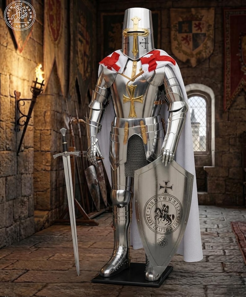 K&ouml;nnte beinhalten: Eine vollst&auml;ndige R&uuml;stung aus poliertem Stahlblech mit einem Helm mit goldenem Kreuz, einem wei&szlig;en Umhang mit roten Kreuzsymbolen und einem Kettenhemd. Die R&uuml;stung h&auml;lt einen gro&szlig;en Metallschild mit kreisf&ouml;rmigem Emblem neben einem Langschwert.
