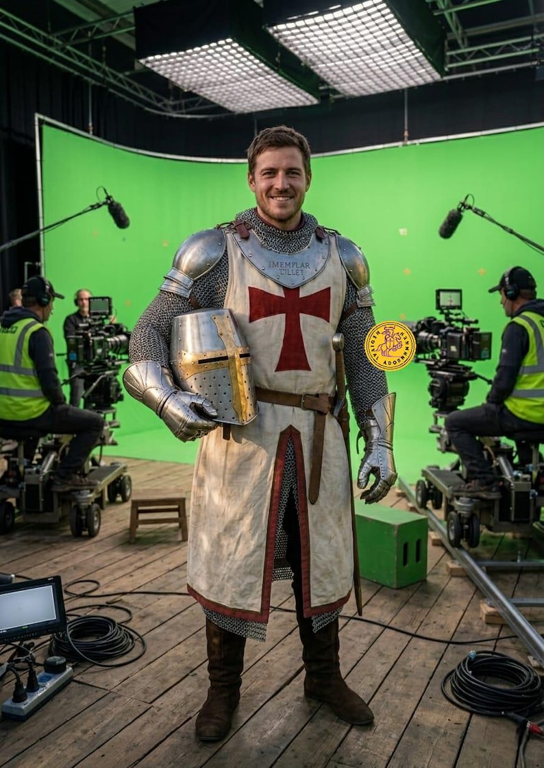 Pu&ograve; includere: Una persona che indossa un'armatura medievale completa a piastre e cotta di maglia, con un elmo di metallo tenuto in una mano e una sopravveste bianca con una grande croce rossa sul petto e la scritta "TEMPLAR MILLET" incisa sul gorgiera.